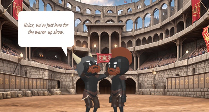 This is a snapshot of an animation produced by Visual Paradigm's animation maker. The animation is a story about arena fight