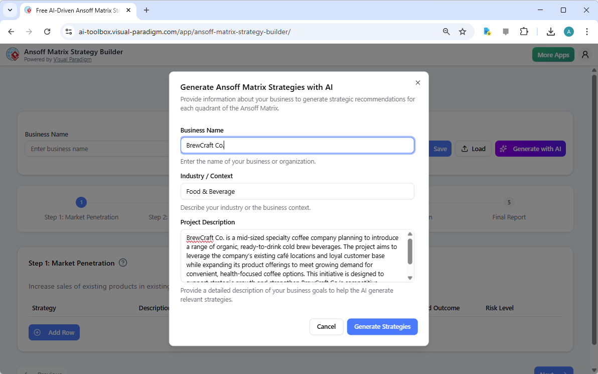 This is a screenshot of Visual Paradigm’s AI Ansoff Matrix Builder. It shows how to generate the project's data using AI, by
