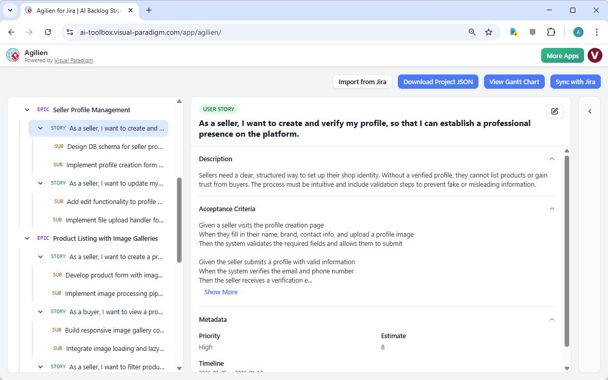 This is a screenshot of Visual Paradigm's Agilien. It shows an example of how an E-commerce for Vintage Clothes company uses