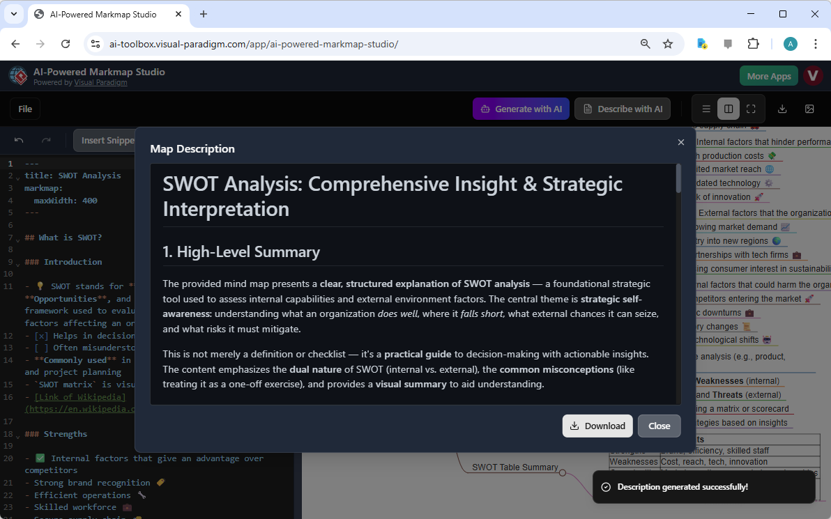 This is another screenshot of Visual Paradigm AI-Powered Markmap Studio. It shows the feature