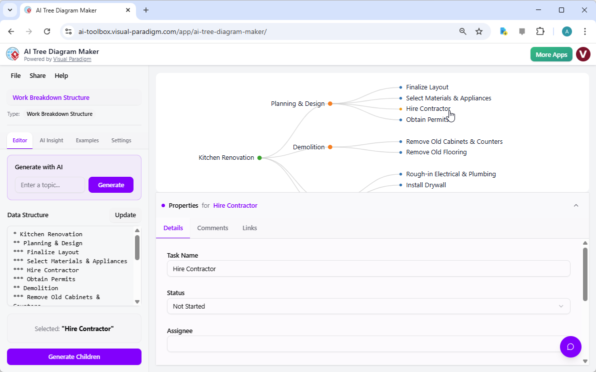 This is a screenshot of Visual Paradigm's AI-Powered Tree Diagram Maker, showing an example of a Work Breakdown Structure in 
