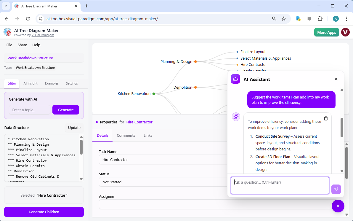 This is a screenshot of Visual Paradigm's AI-Powered Tree Diagram Maker, showing an example of a Work Breakdown Structure in
