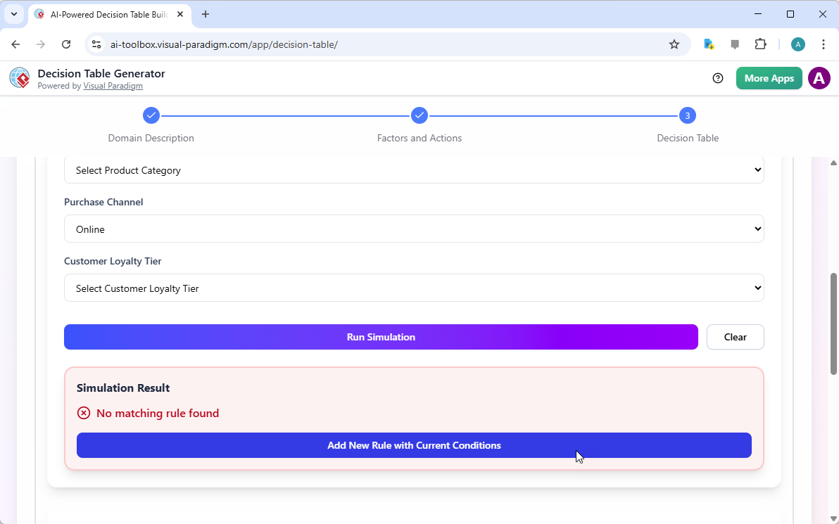 This is a screenshot of Visual Paradigm's AI-Powered decision table generator. The user can click Run Simulation. If the rule