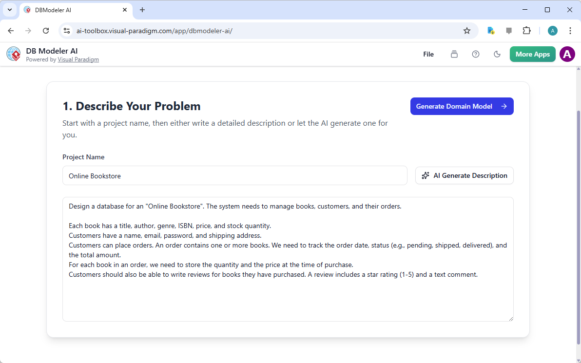 This is a screenshot of Visual Paradigm's AI-Powered database design app: DB Modeler AI, captured under step 1, which seek us