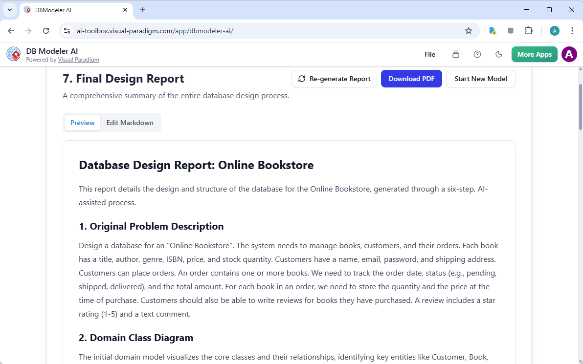 This is a screenshot of Visual Paradigm's AI-Powered database design app, for step 7, the final step. It shows the report gen