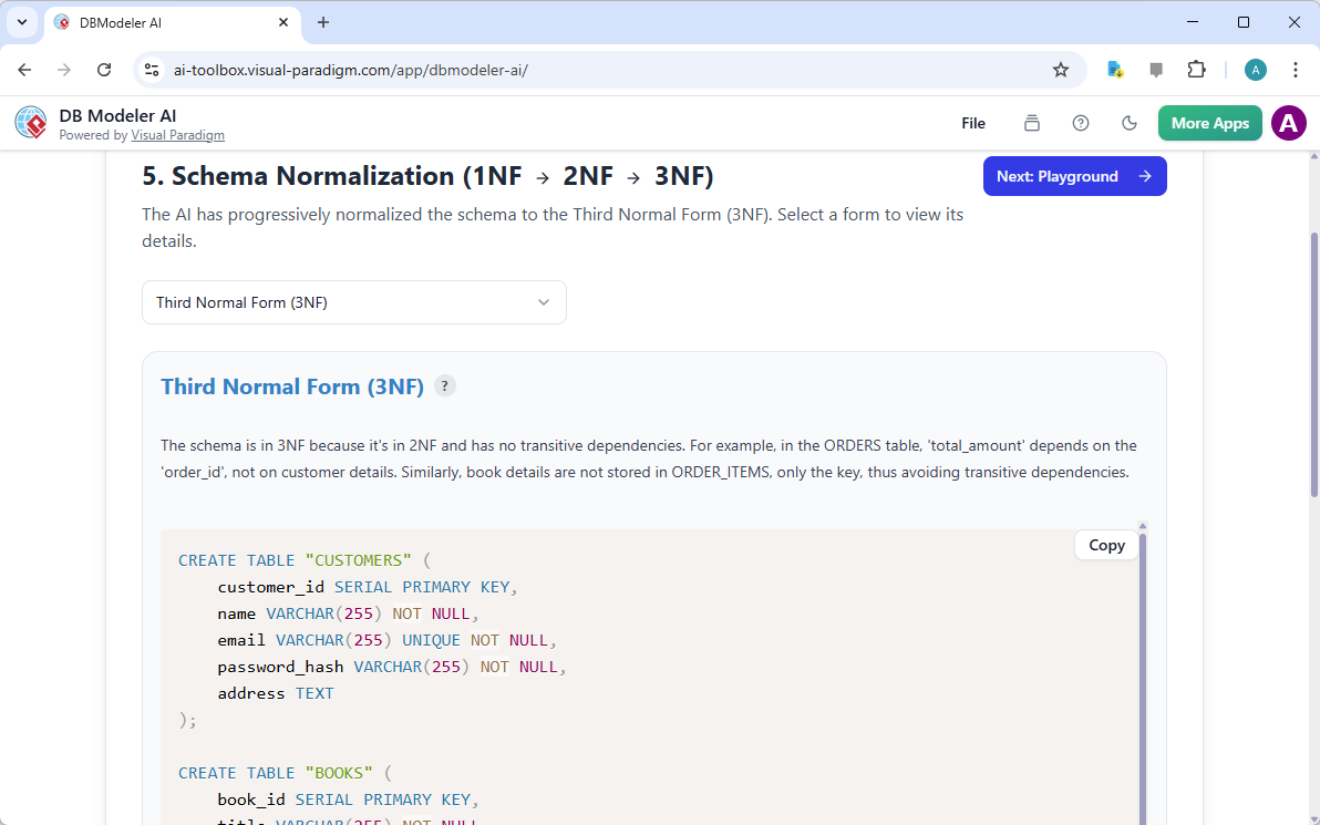 This is a screenshot of Visual Paradigm's AI-Powered database design app, for step 5. It allows the user to review the DDL in