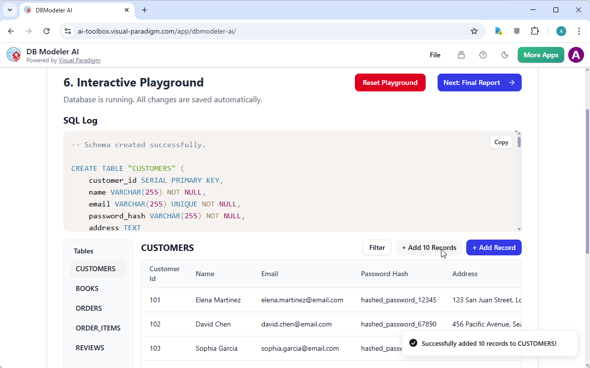 This is a screenshot of Visual Paradigm's AI-Powered database design app, for step 6. It is a playground set up with the DDL
