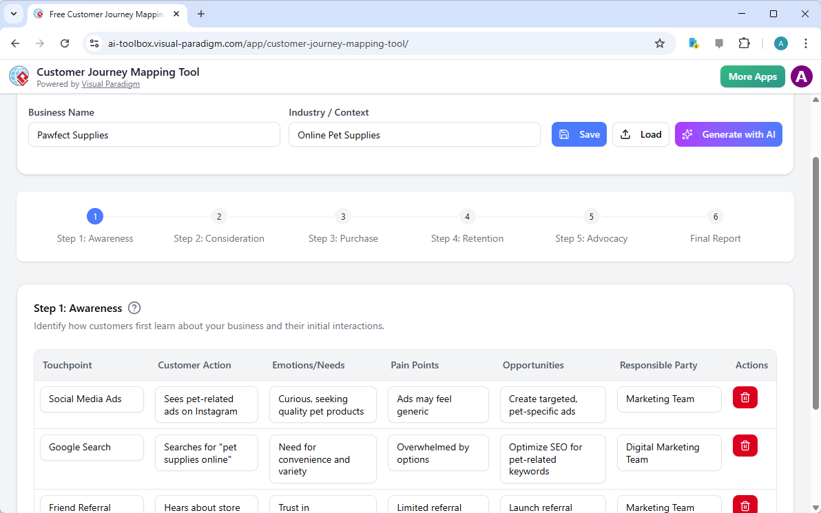 This is the screenshot of Visual Paradigm's AI-Powered Customer Journey Mapping Tool. It is now at step 1, and we are walking