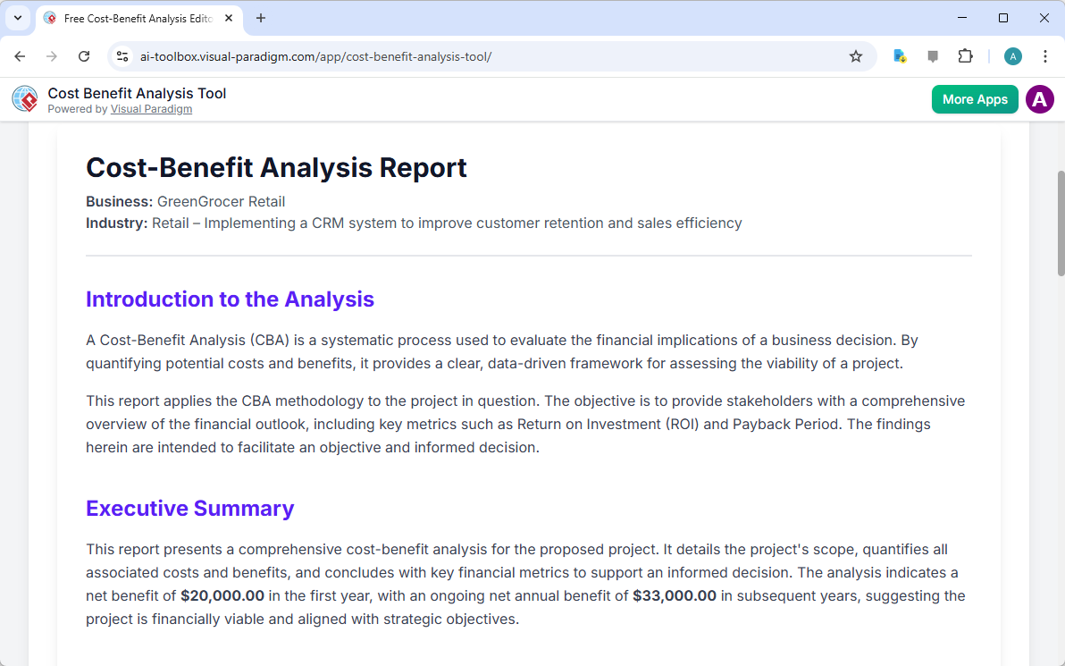 This is the screenshot of Visual Paradigm's AI-Powered Cost and Benefits Analysis Tool. It is now at step 5, which is also th