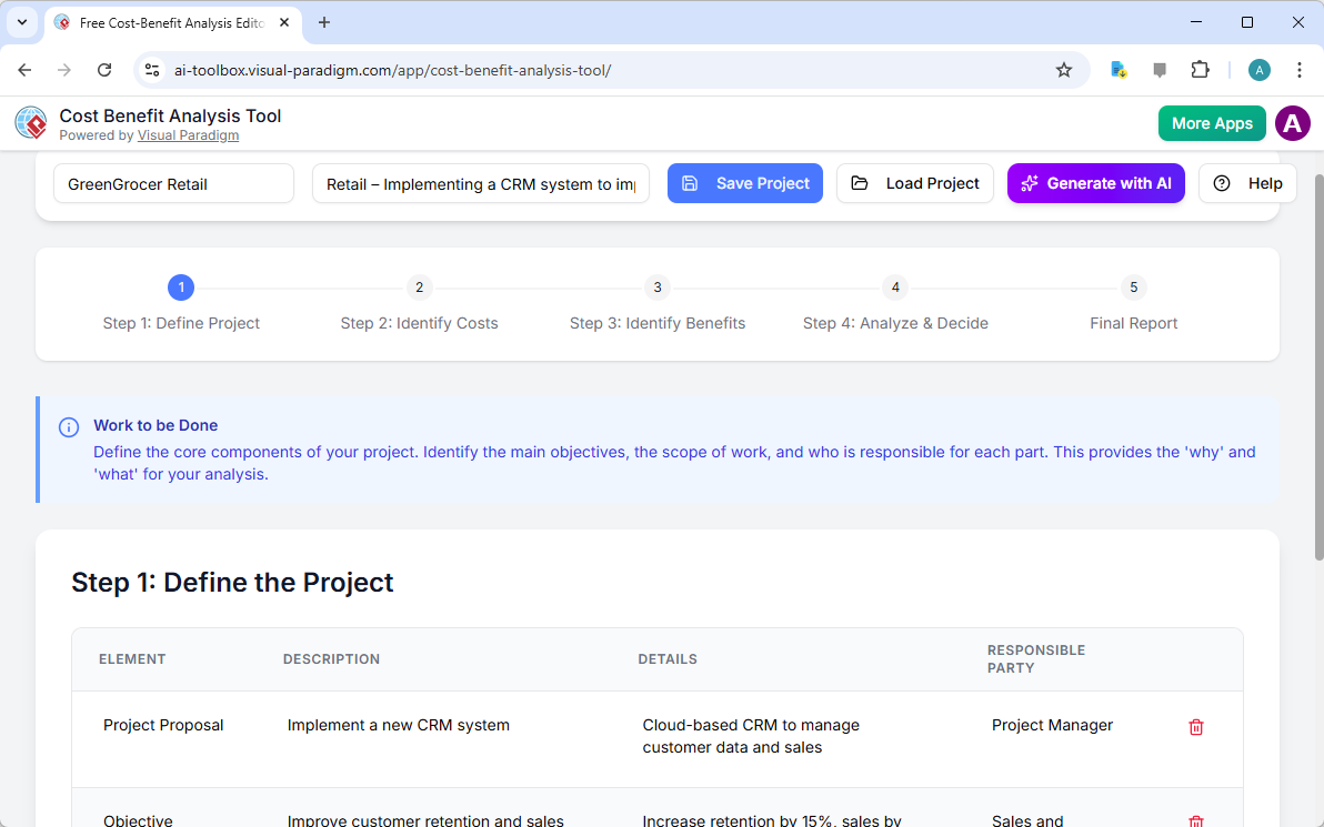 This is the screenshot of Visual Paradigm's AI-Powered Cost and Benefits Analysis Tool. It is now at step 1, and we are walki