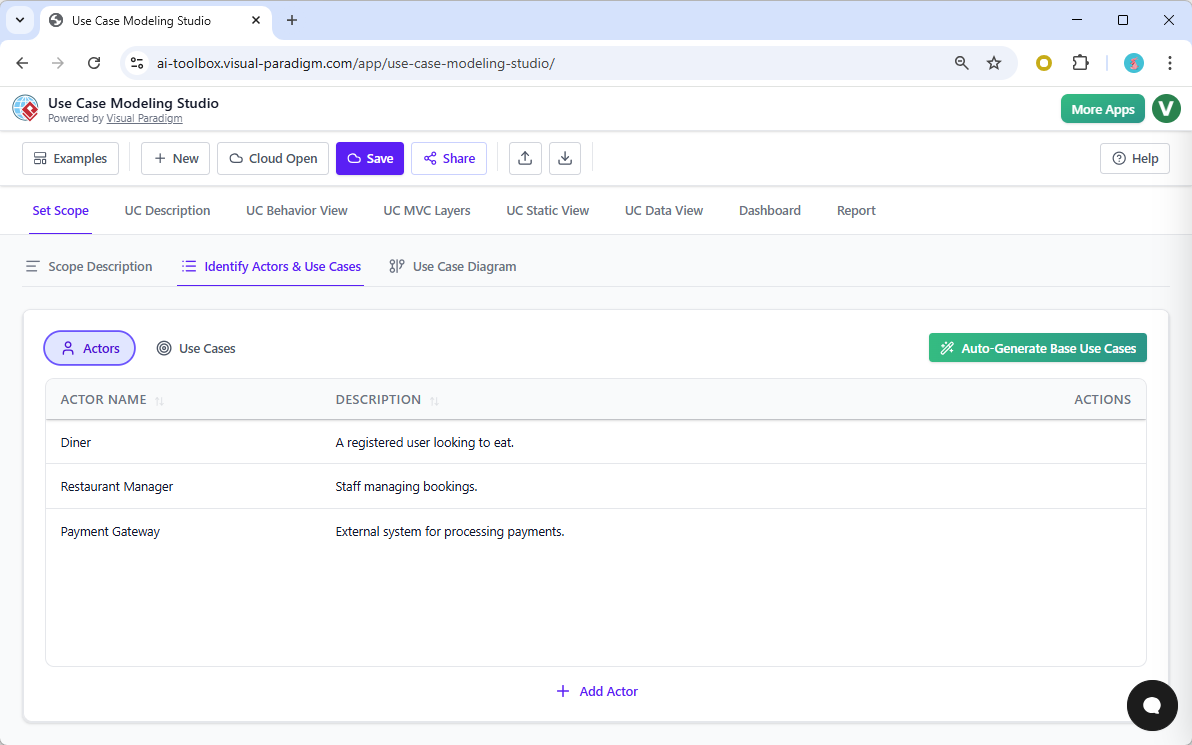 This screenshot shows **Visual Paradigm’s AI-Powered Use Case Modeling Studio** after the project scope has been defined. At