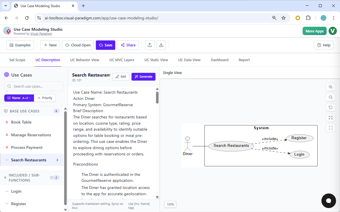 This screenshot shows the **Use Case Description** tab of **Visual Paradigm’s AI-Powered Use Case Modeling Studio**. With AI
