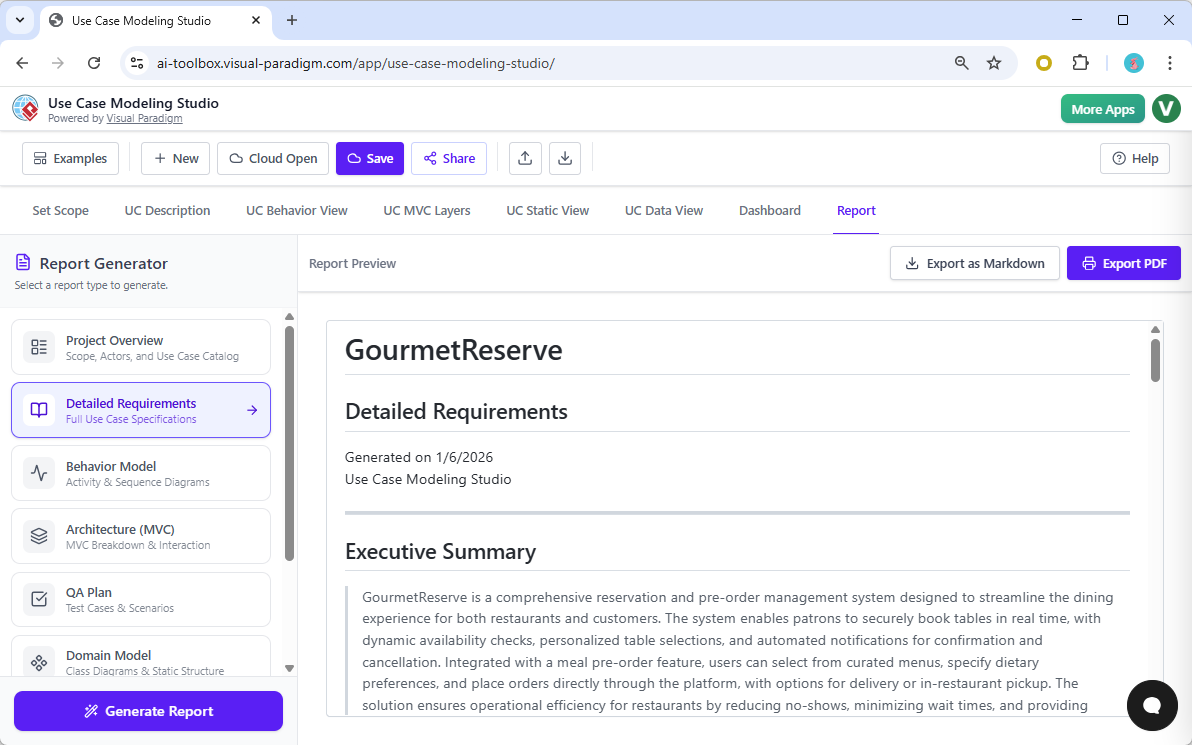 This screenshot shows the **Report** tab of **Visual Paradigm’s AI-Powered Use Case Modeling Studio**. A rich collection of r