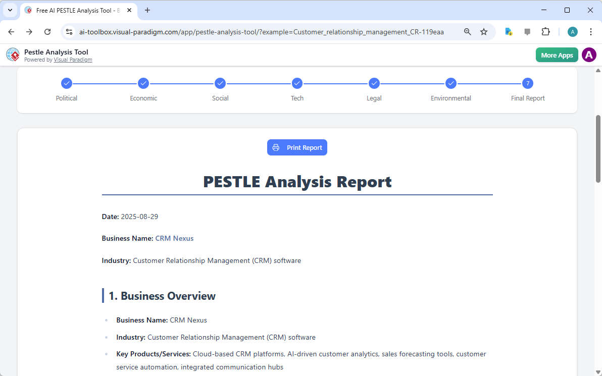 Step 7 of the Visual Paradigm AI-Powered PESTLE Analysis Tool, displaying the automatically generated PESTLE analysis report