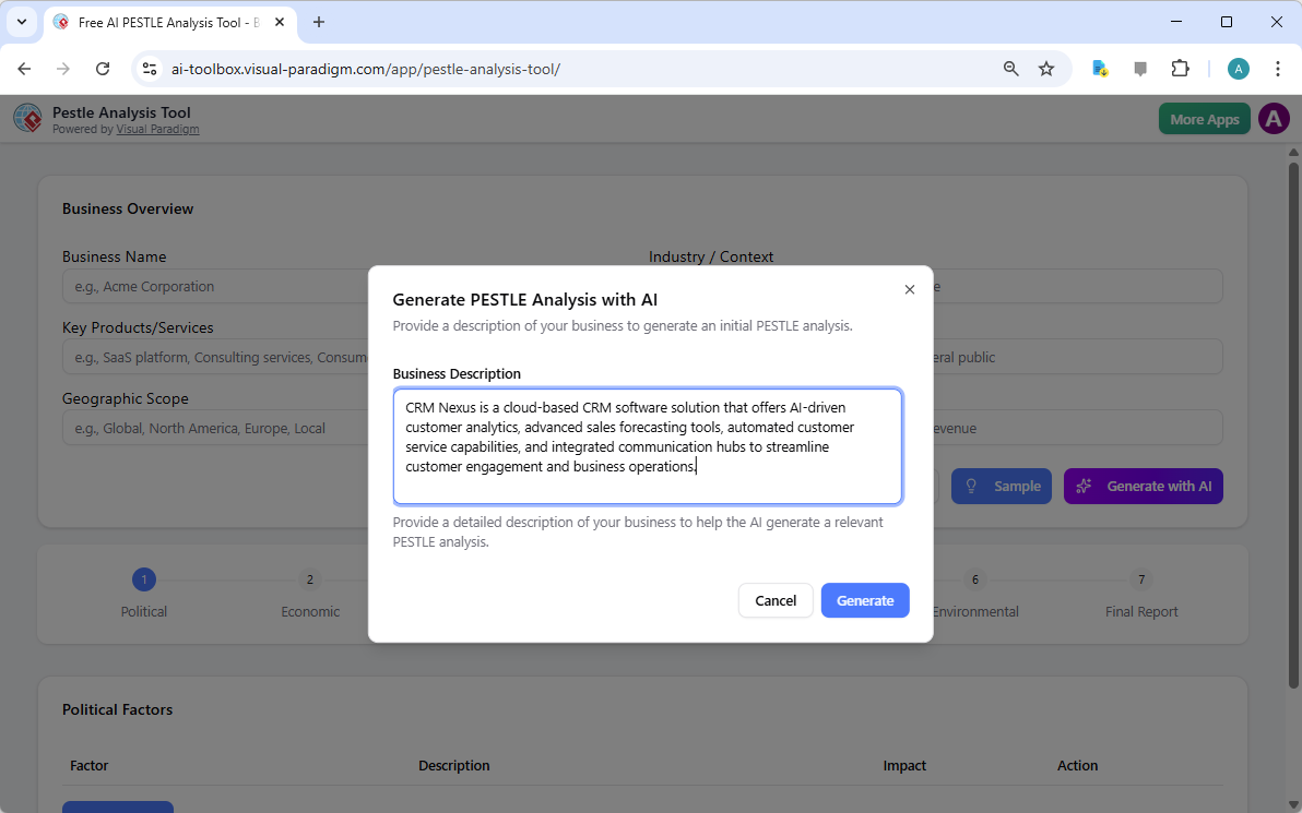 Visual Paradigm’s AI-Powered PESTLE Analysis Tool landing screen, where users begin by entering a brief business description