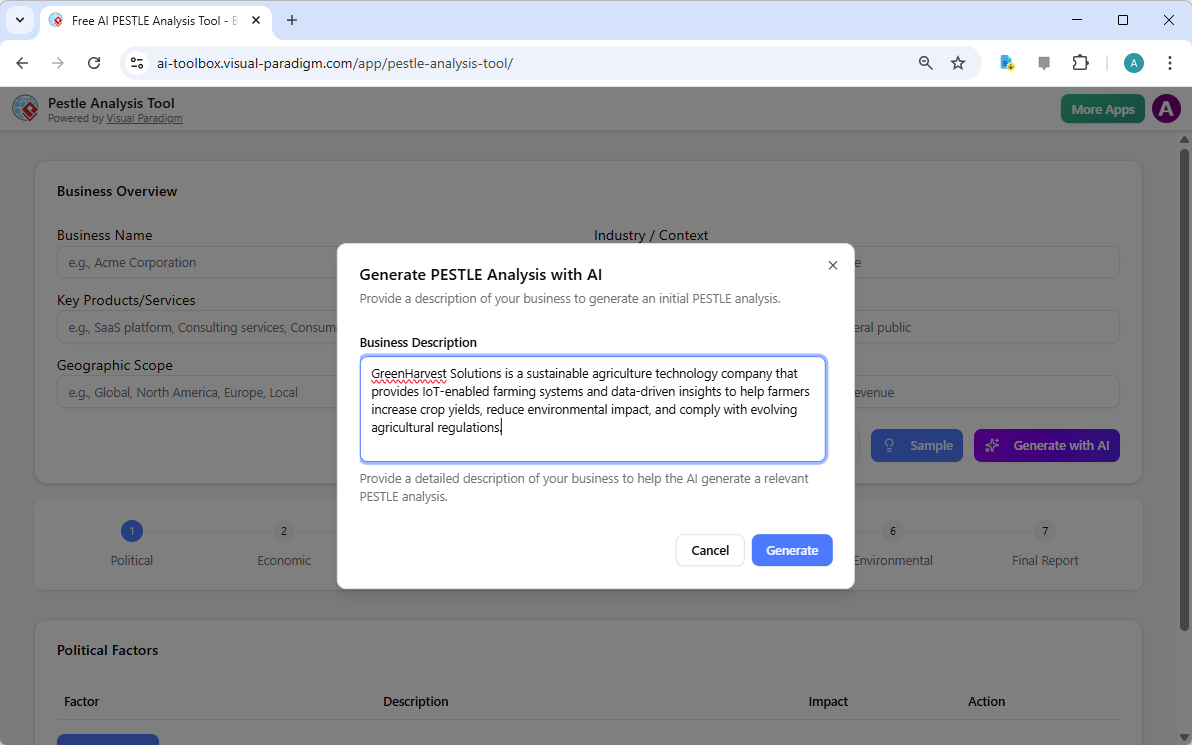 Visual Paradigm’s AI-Powered PESTLE Analysis Tool landing screen, where users begin by entering a brief business description