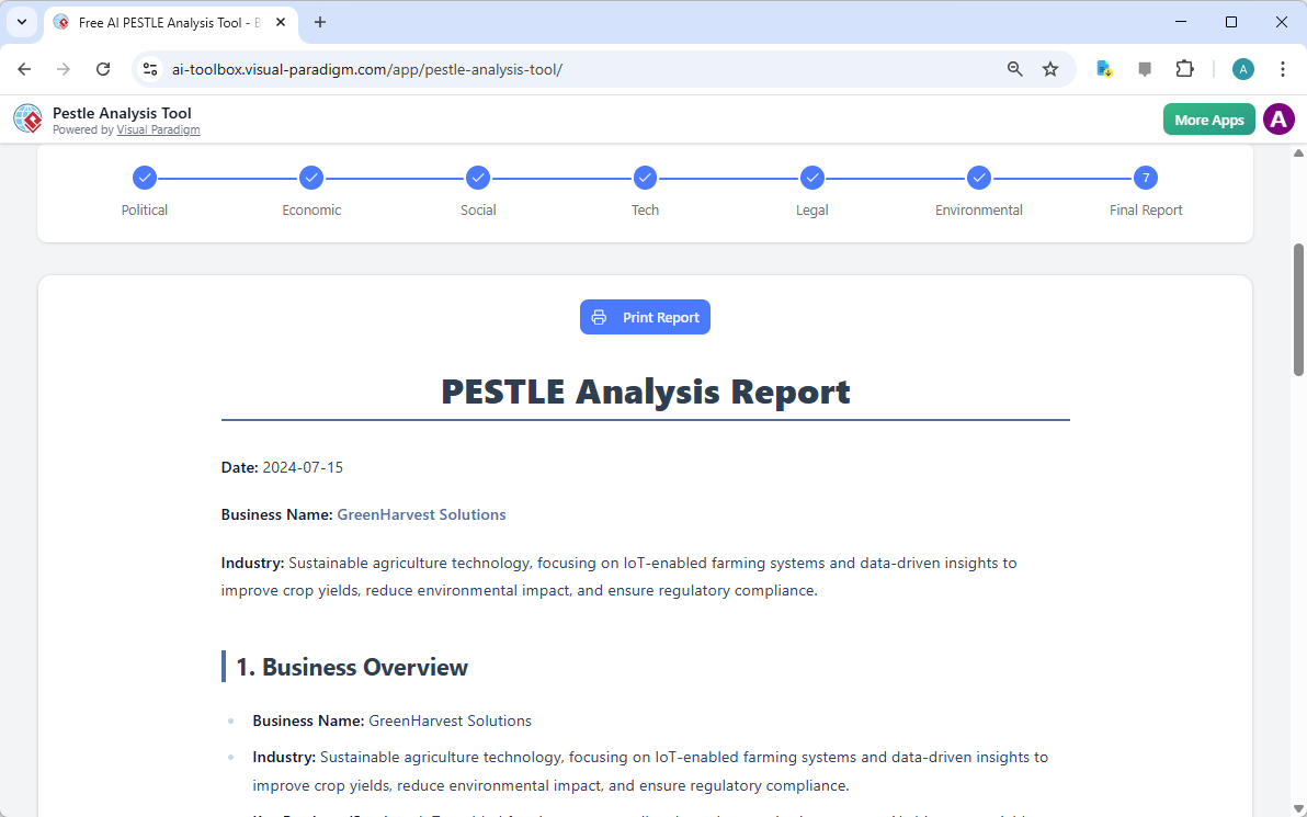 Step 7 of the Visual Paradigm  AI-Powered PESTLE Analysis Tool, displaying the automatically generated PESTLE analysis report