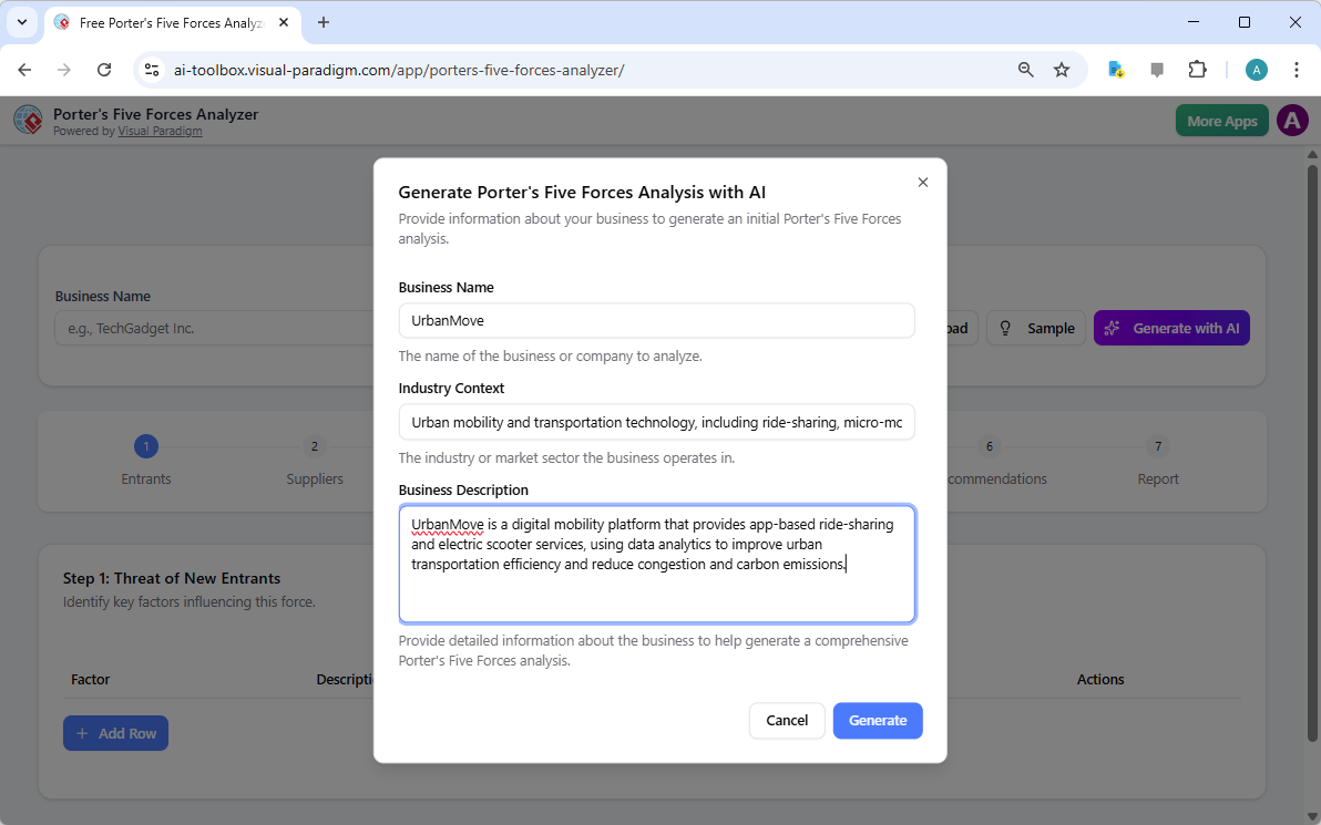 Visual Paradigm’s AI-Powered Porter's Five Forces Analysis Tool landing screen, where users begin by entering a brief busines