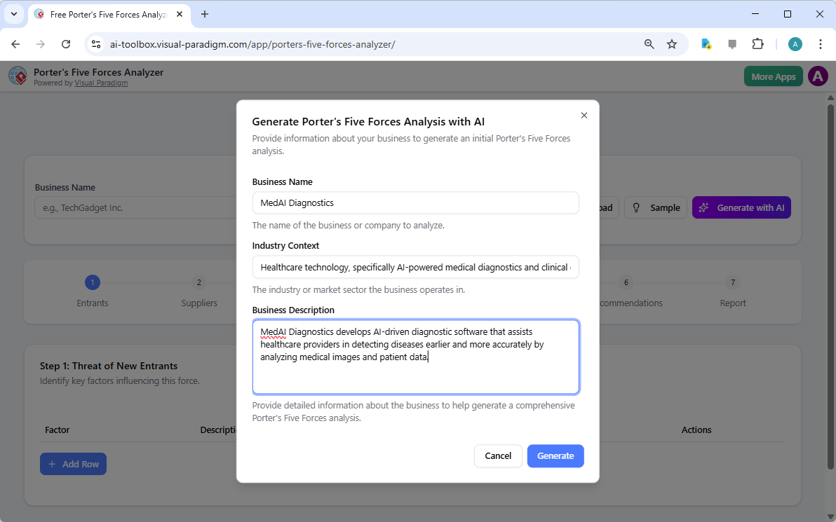 Visual Paradigm’s AI-Powered Porter's Five Forces Analysis Tool landing screen, where users begin by entering a brief busines