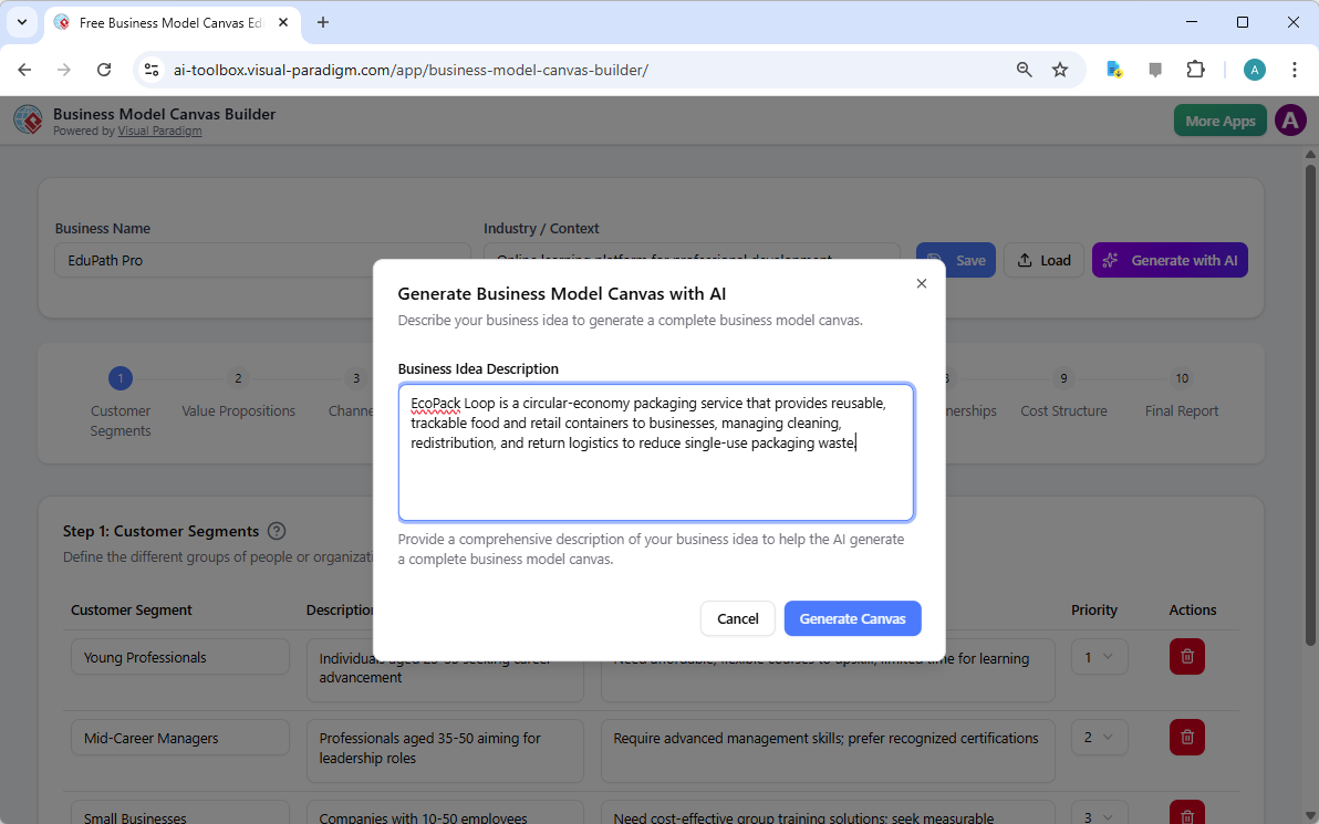 Visual Paradigm’s AI-Powered Business Model Canvas Builder landing screen, where users begin by entering a brief business des