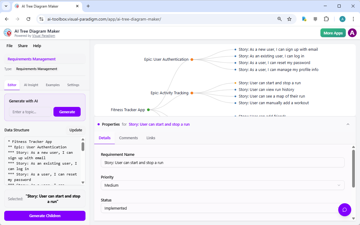 This is a screenshot of Visual Paradigm's AI-Powered Tree Diagram Maker, showing an example of a Requirement Management in tr