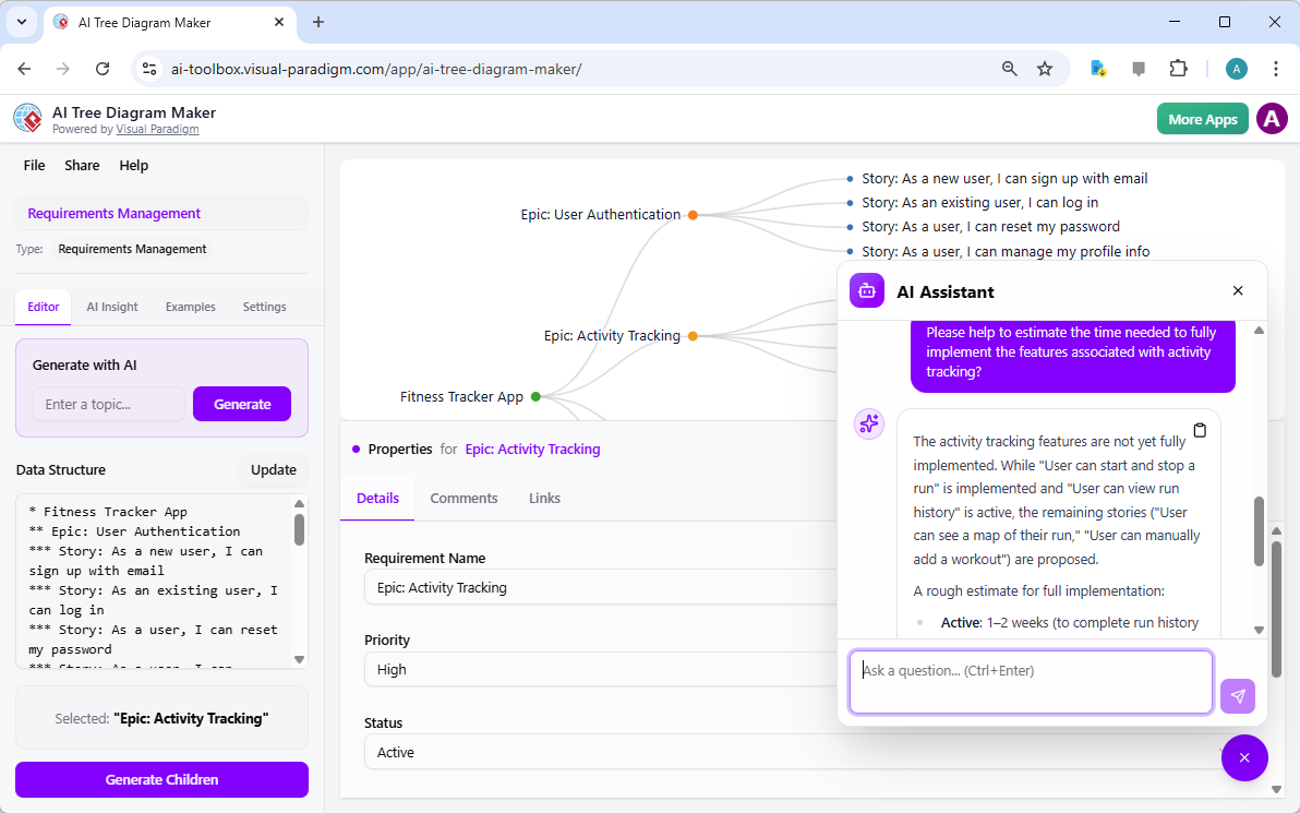This is a screenshot of Visual Paradigm's AI-Powered Tree Diagram Maker, which continues with the previous example by asking
