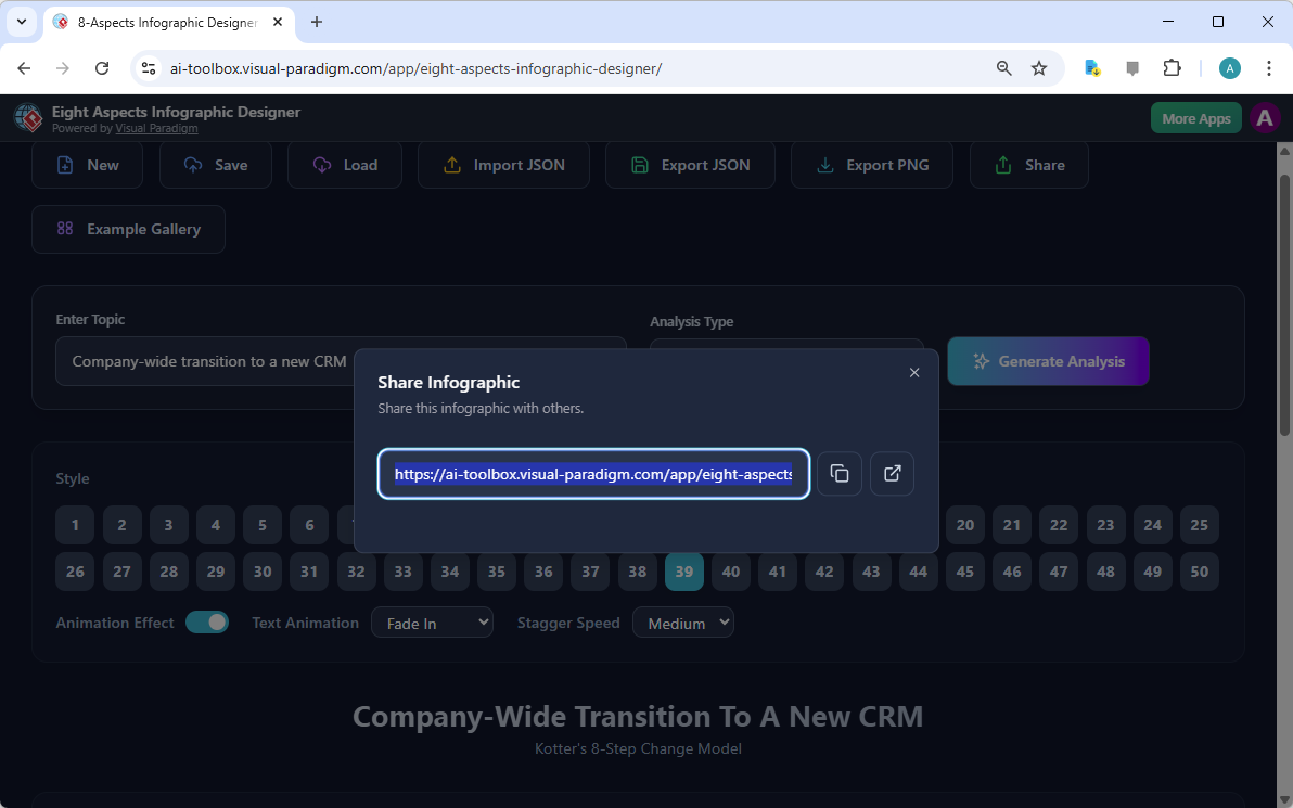This is the screenshot of Visual Paradigm’s AI-Powered Eight Aspects Infographic Designer. It shows the share screen - user c
