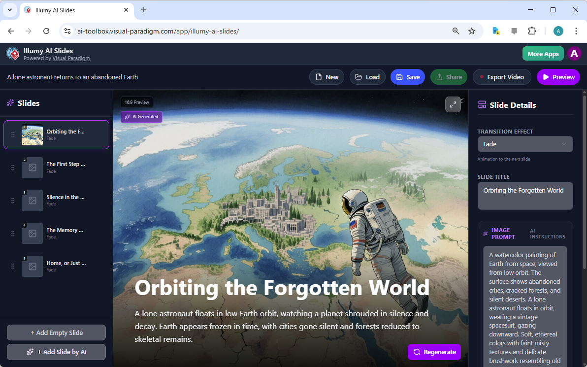 This is a screenshot of Visual Paradigm's AI Powered Illymy AI Slides Maker. It shows an example generated by AI, with the pr