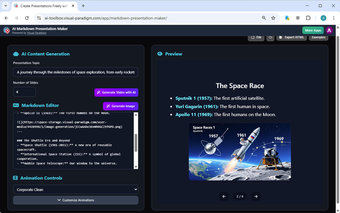 This is a screenshot of Visual Paradigm's AI-Powered Markdown Presentation Maker. It shows an example of using this app to cr