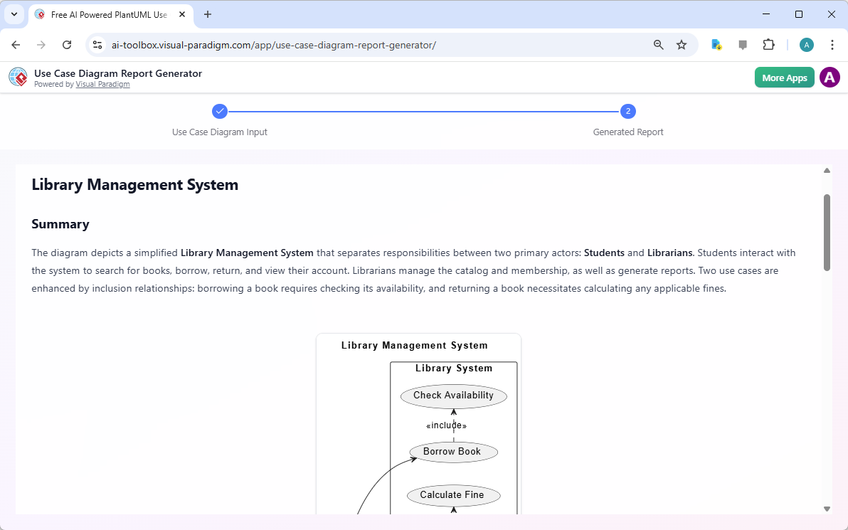 This is a screenshot of the second step of Visual Paradigm's AI Powered Use Case Diagram Report Generator. It shows a report 