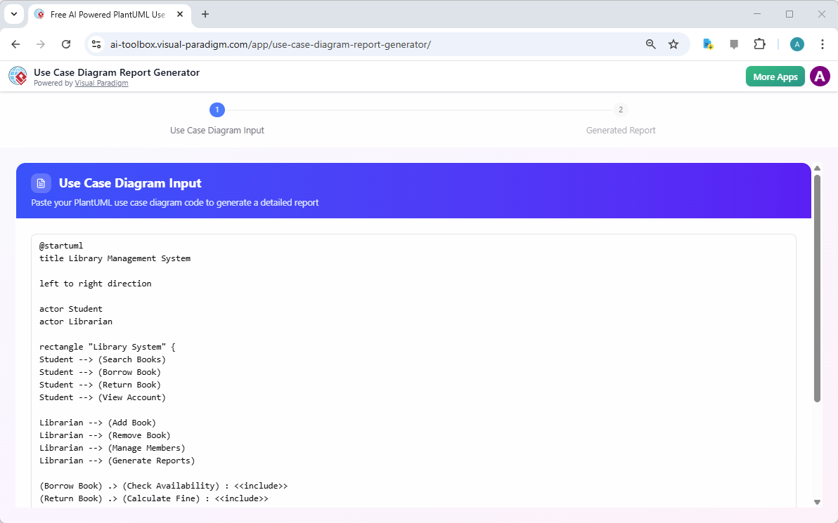 This is a screenshot of the first step of Visual Paradigm's AI Powered Use Case Diagram Report Generator. It shows an input o
