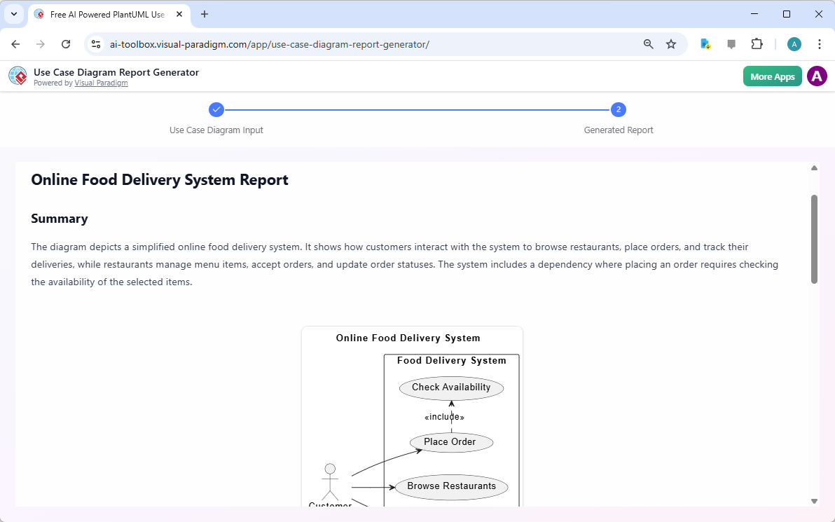 This is a screenshot of the second step of Visual Paradigm's AI Powered Use Case Diagram Report Generator. It shows a report