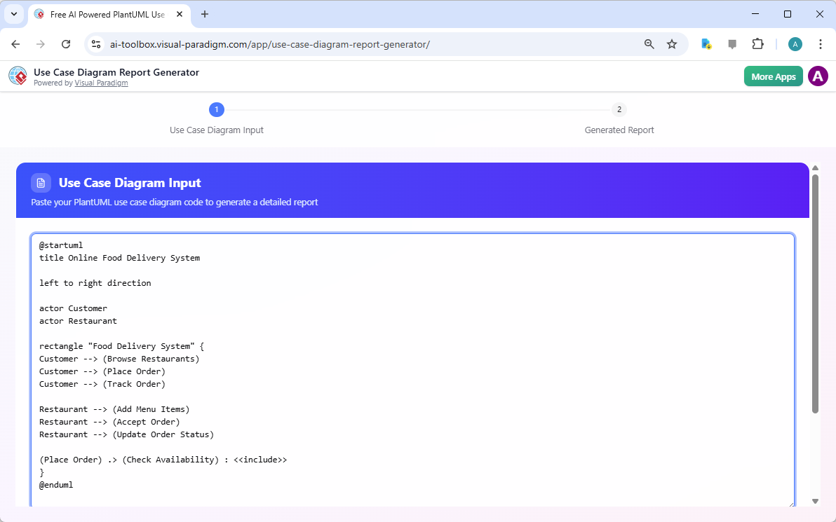 This is a screenshot of the first step of Visual Paradigm's AI Powered Use Case Diagram Report Generator. It shows an input o