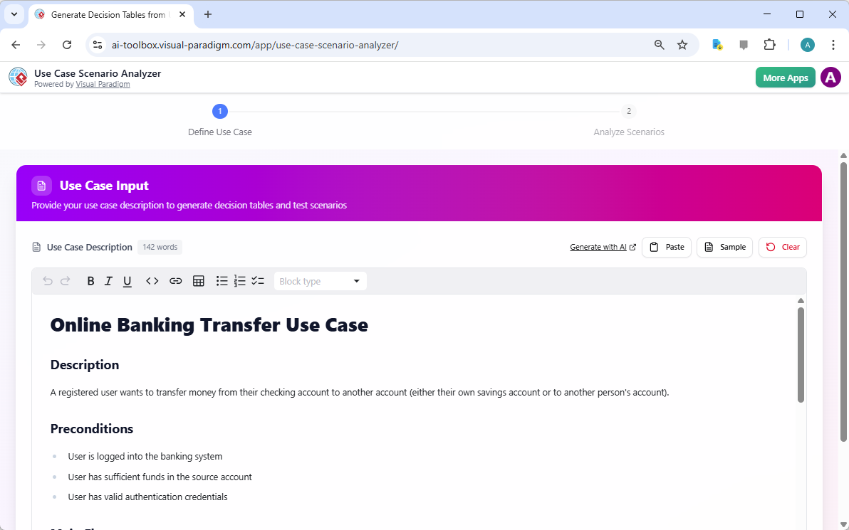 This is a screenshot of the first step of Visual Paradigm's AI Powered Use Case Scenario Analyzer. It shows an input of a Use