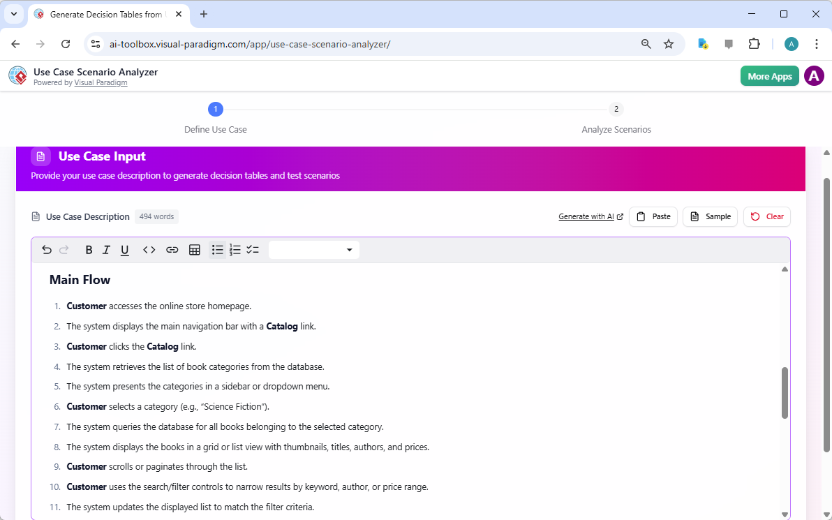 This is a screenshot of the first step of Visual Paradigm's AI Powered Use Case Scenario Analyzer. It shows an input of a Use