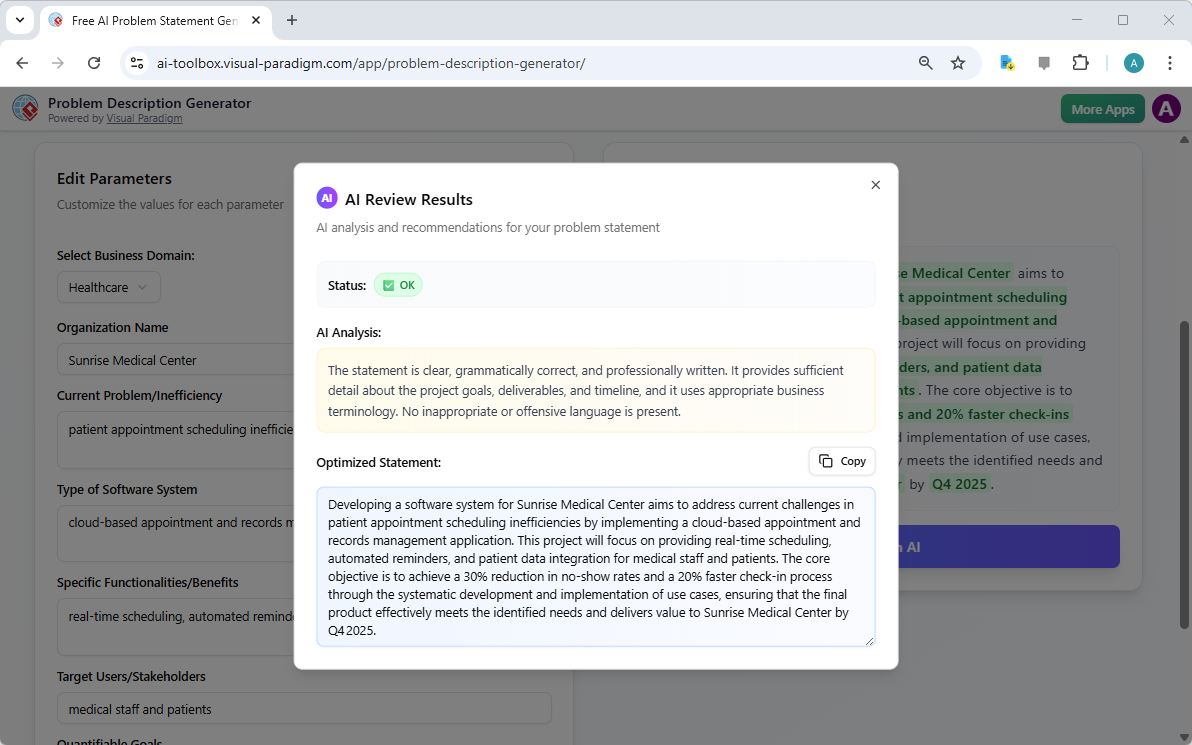 This is a screenshot of Visual Paradigm's AI Powered Problem Description Generator. Once the details are filled in, you can c