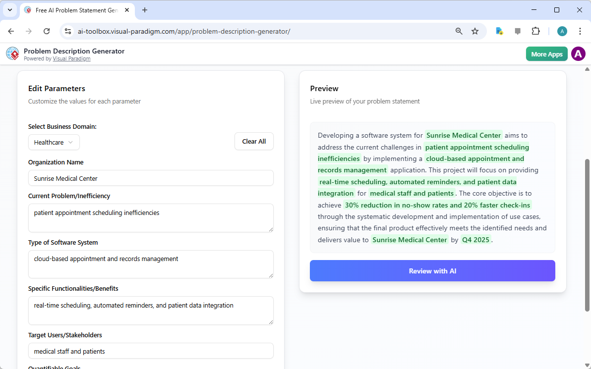 This is a screenshot of Visual Paradigm's AI Powered Problem Description Generator. It shows the second step, which involves