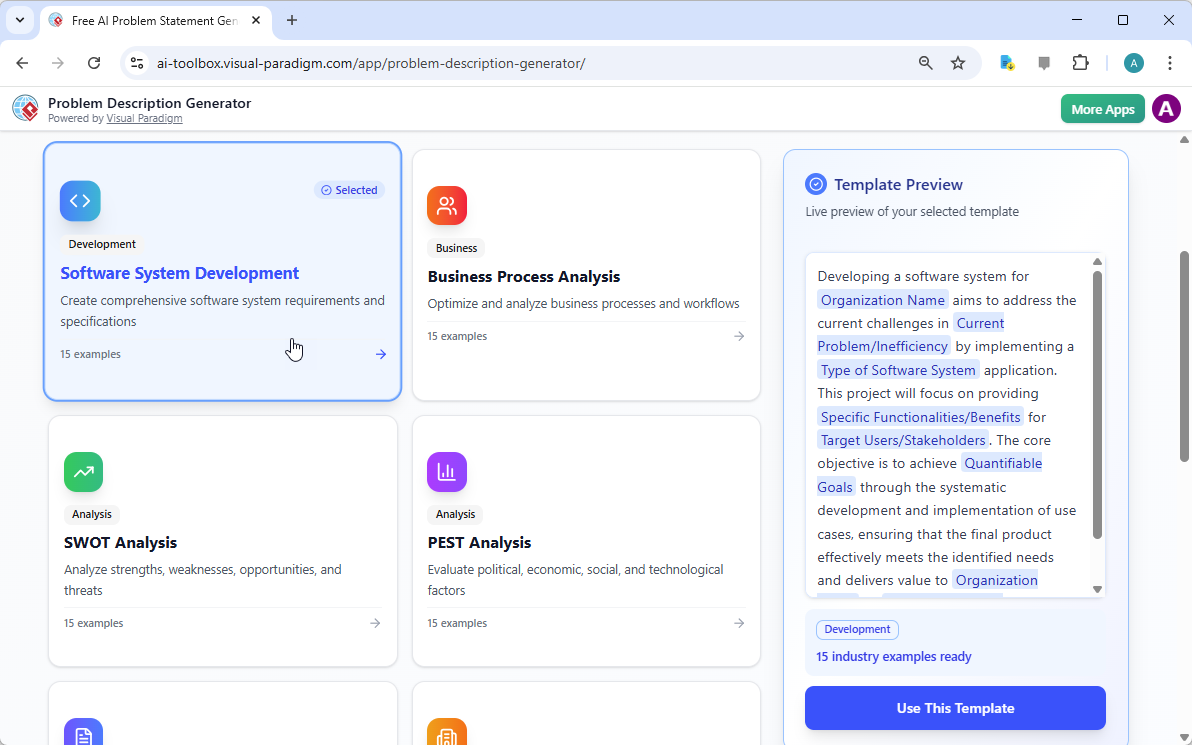This is a screenshot of Visual Paradigm's AI Powered Problem Description Generator. It shows the first step, which involves c