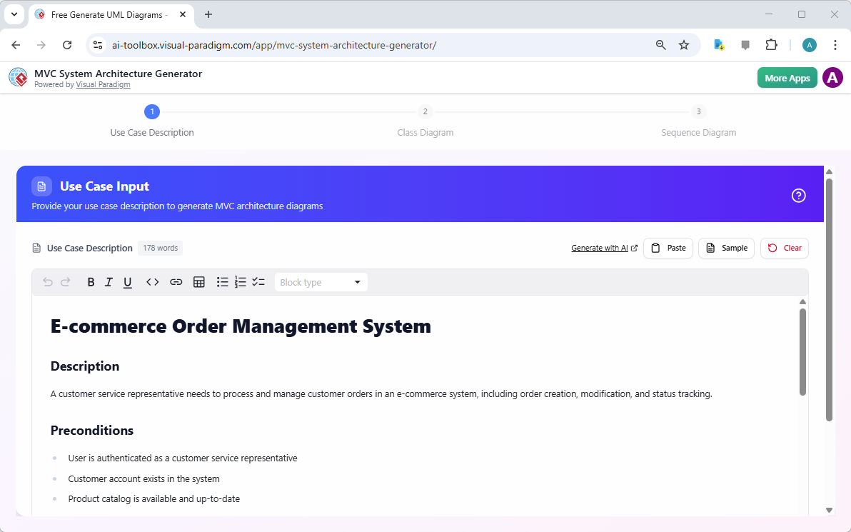 This is a screenshot of Visual Paradigm's AI Powered MVC System Architecture Generator. The story starts from step one that i