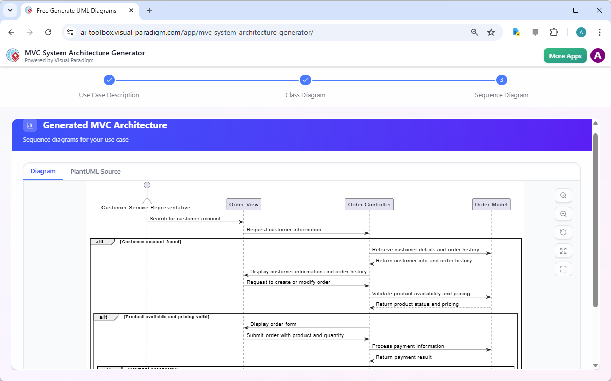 This is a screenshot of Visual Paradigm's AI Powered MVC System Architecture Generator. We are now in step three, which shows