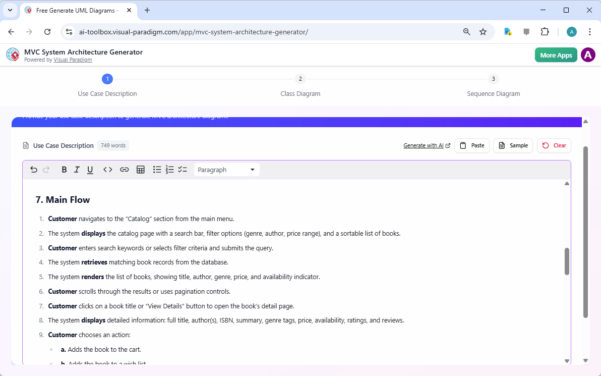 This is a screenshot of Visual Paradigm's AI Powered MVC System Architecture Generator. The story starts from step one that i