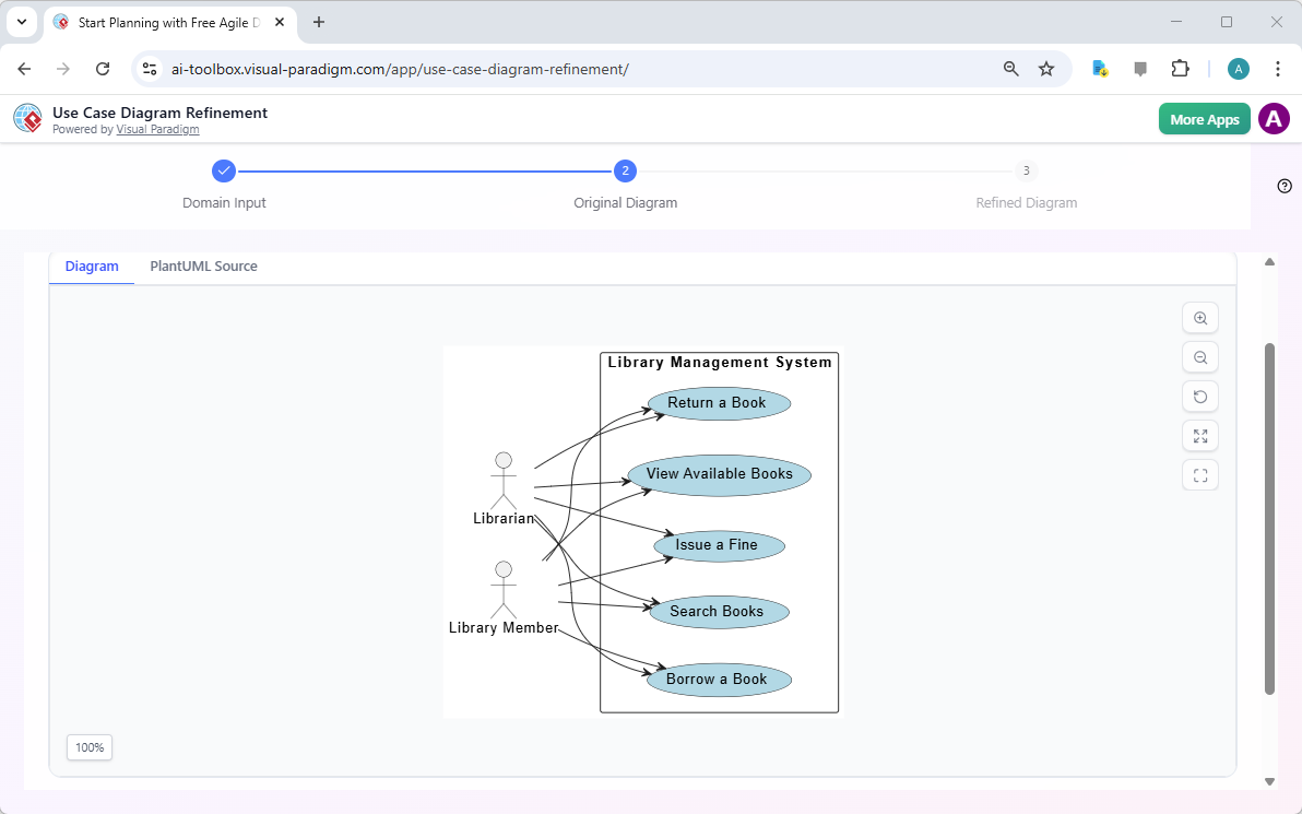 This is the screenshot of the second step of Visual Paradigm's AI Powered Use Case Diagram Refinement Tool. It shows the init