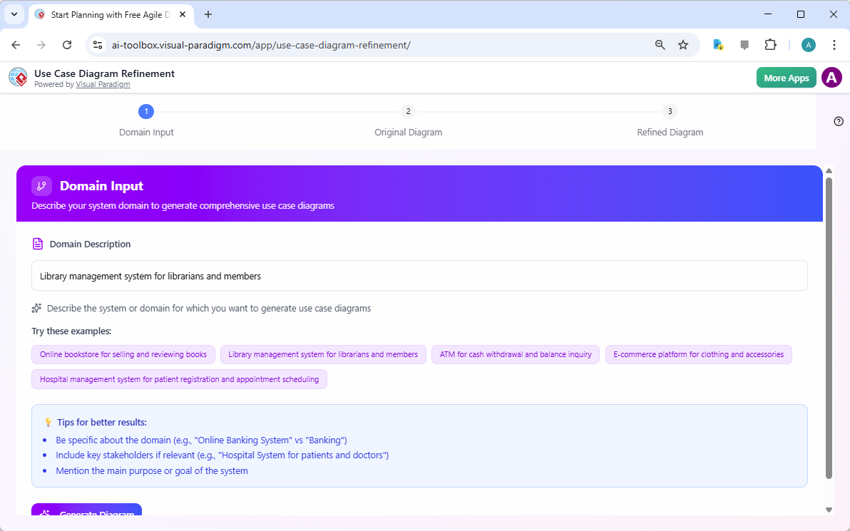 This is the screenshot of Visual Paradigm's AI Powered Use Case Diagram Refinement Tool. It is now showing the step 1. The us