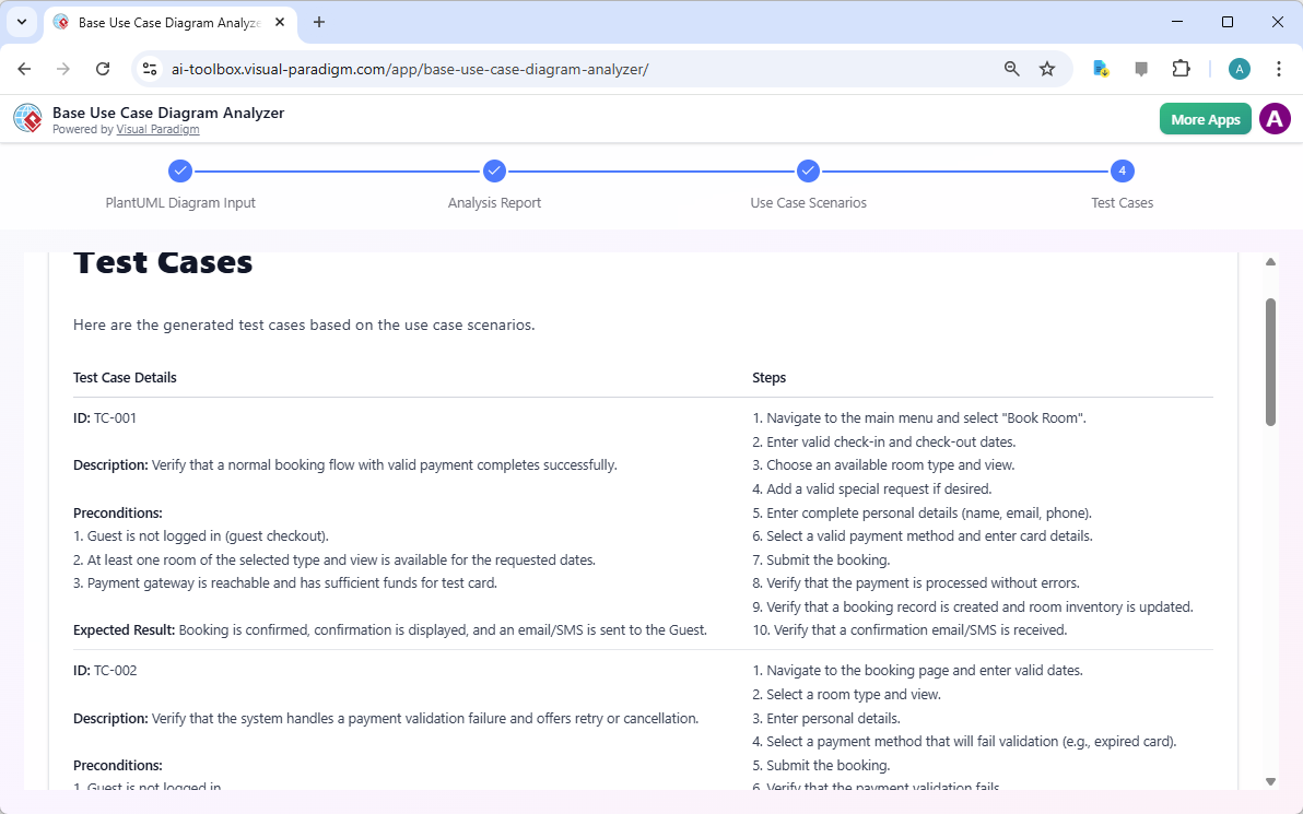 This is a screenshot of the forth step of Visual Paradigm's AI Powered Base Use Case Diagram Analyzer. It shows the test case