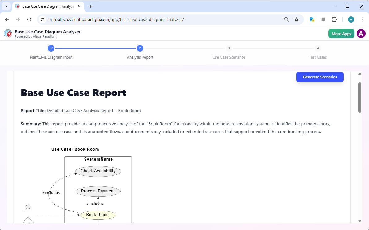 This is a screenshot of the second step of Visual Paradigm's AI Powered Base Use Case Diagram Analyzer. It shows the Base Use