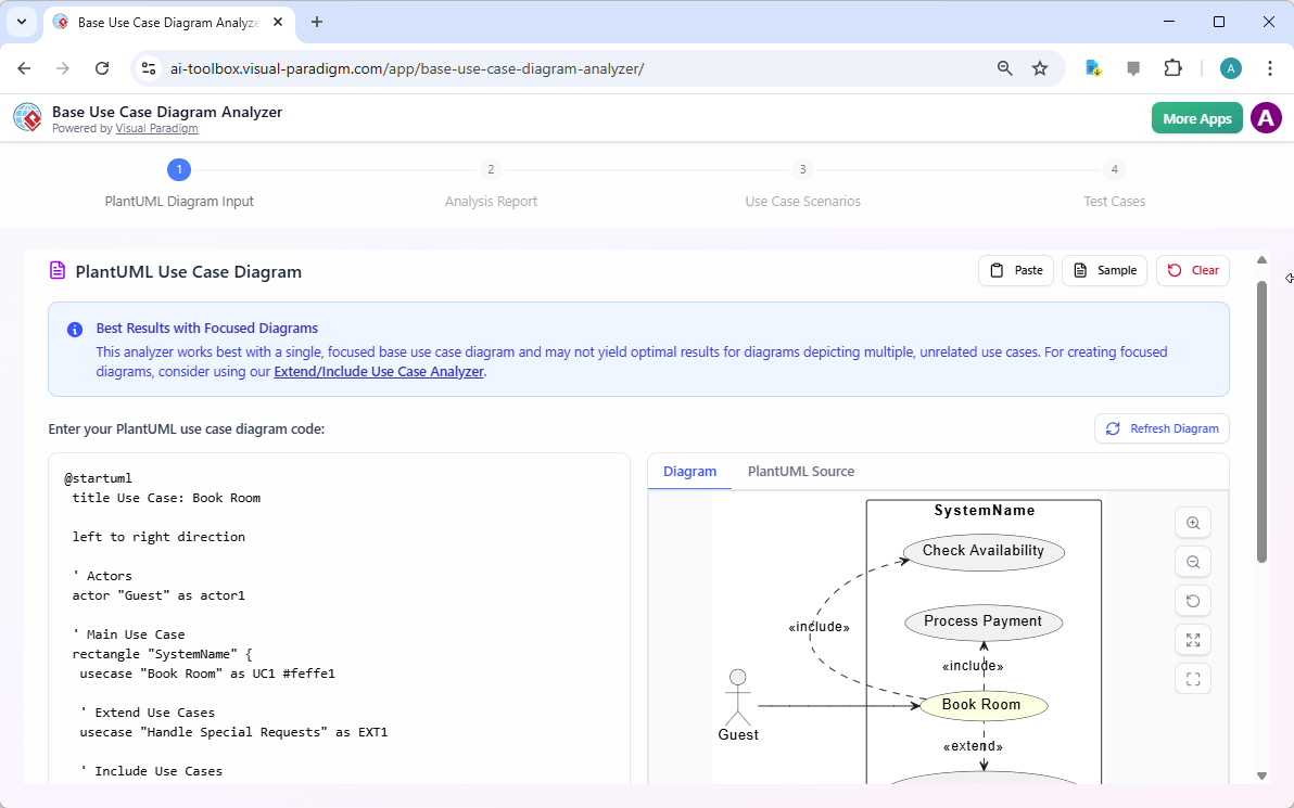 This is a screenshot of the first step of Visual Paradigm's AI Powered Base Use Case Diagram Analyzer. The user provides a Pl