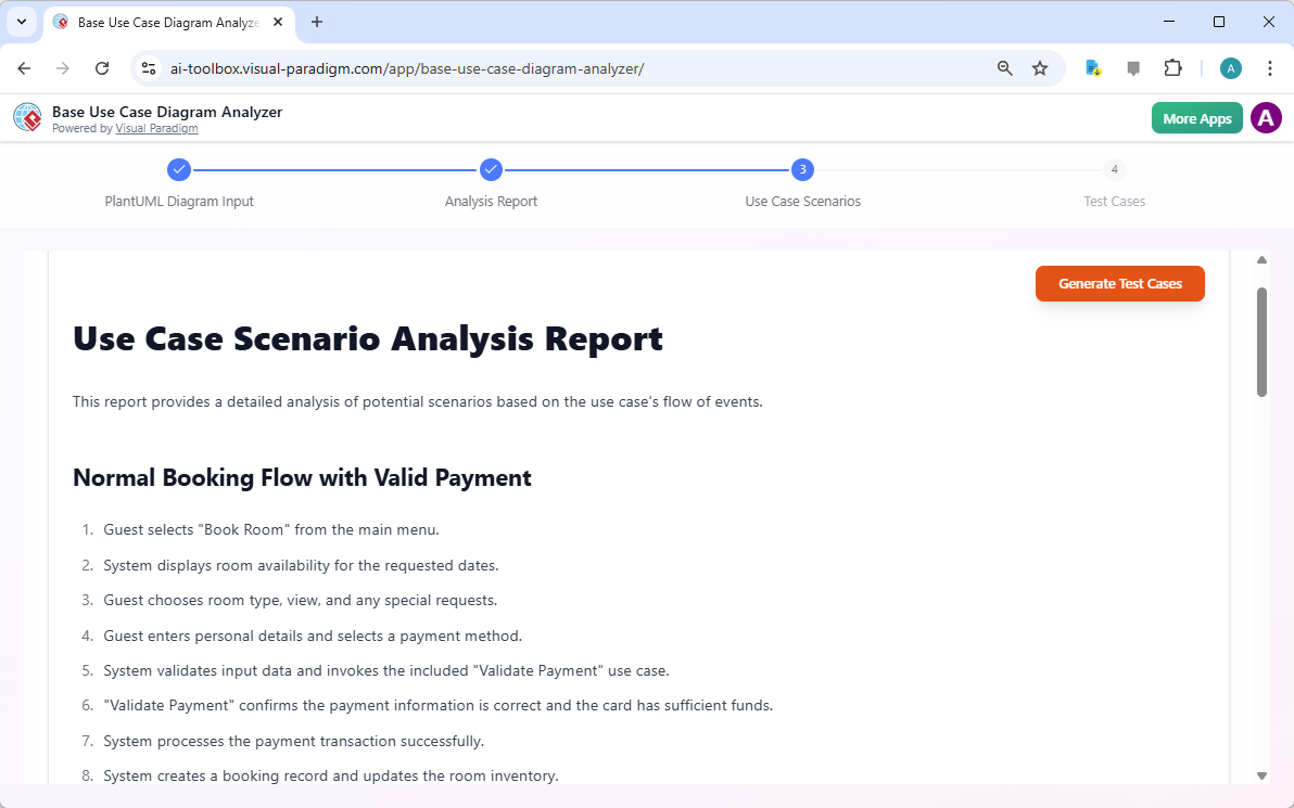 This is a screenshot of the third step of Visual Paradigm's AI Powered Base Use Case Diagram Analyzer. It shows the Use Case 