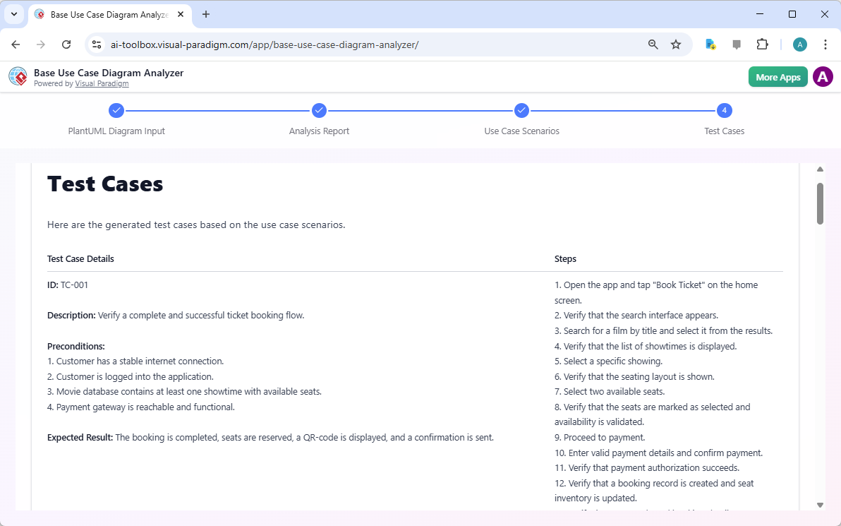 This is a screenshot of the forth step of Visual Paradigm's AI Powered Base Use Case Diagram Analyzer. It shows the test case