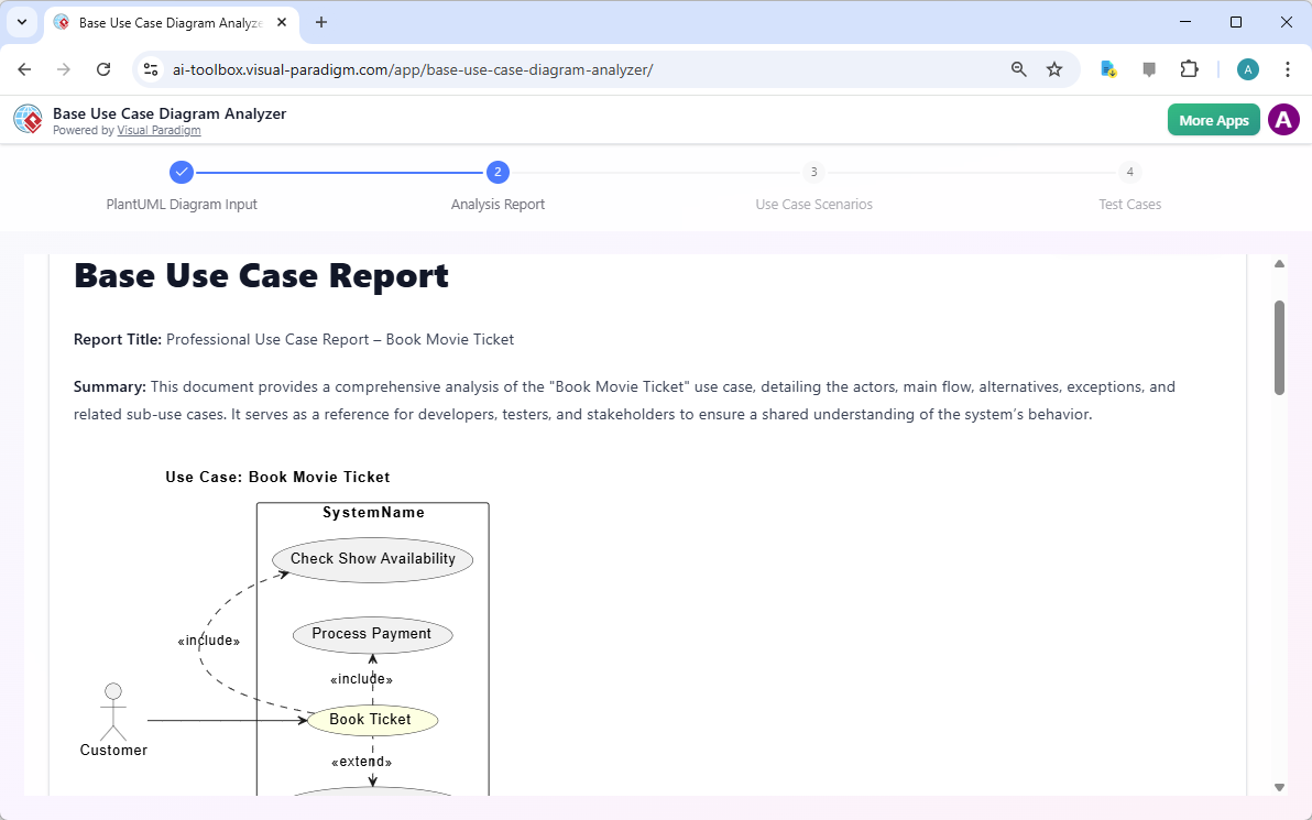 This is a screenshot of the second step of Visual Paradigm's AI Powered Base Use Case Diagram Analyzer. It shows the Base Use