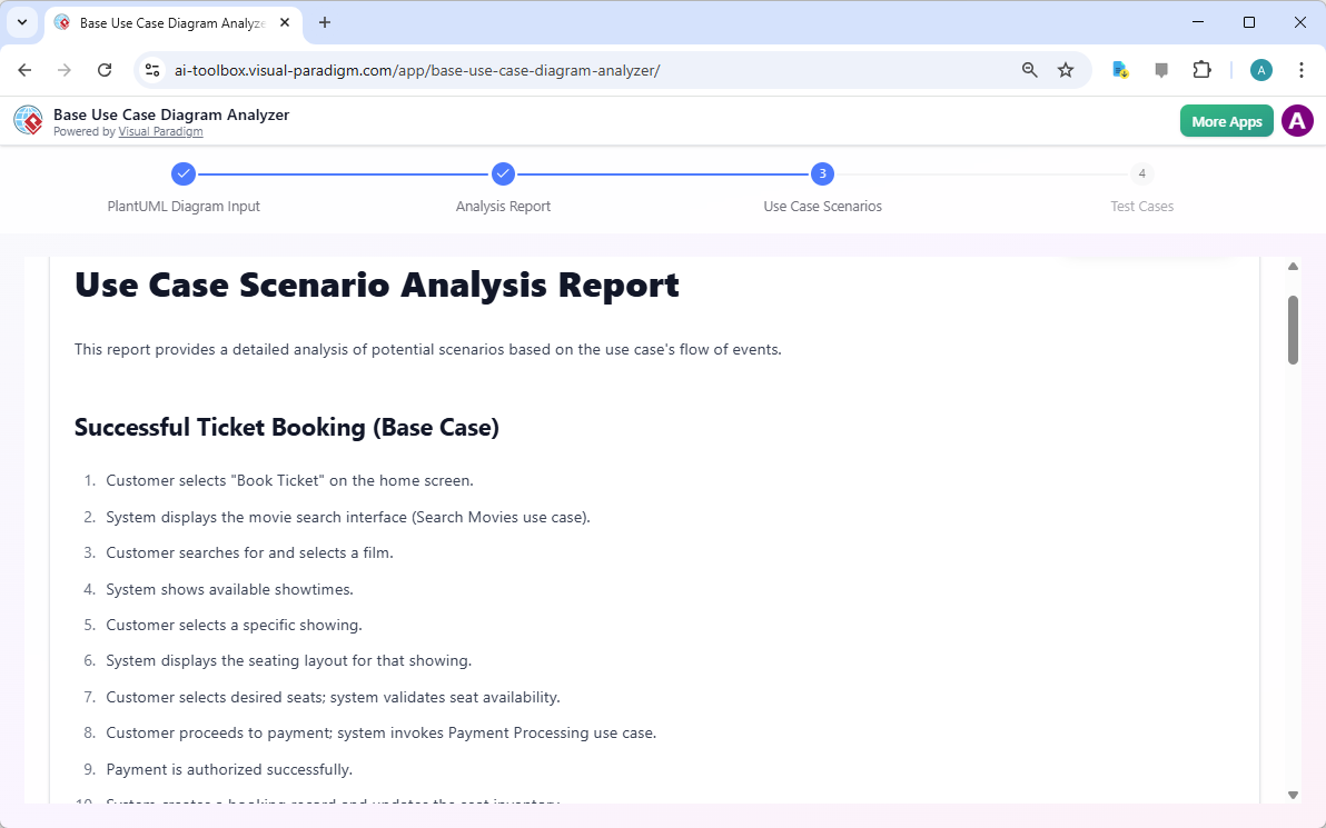 This is a screenshot of the third step of Visual Paradigm's AI Powered Base Use Case Diagram Analyzer. It shows the Use Case
